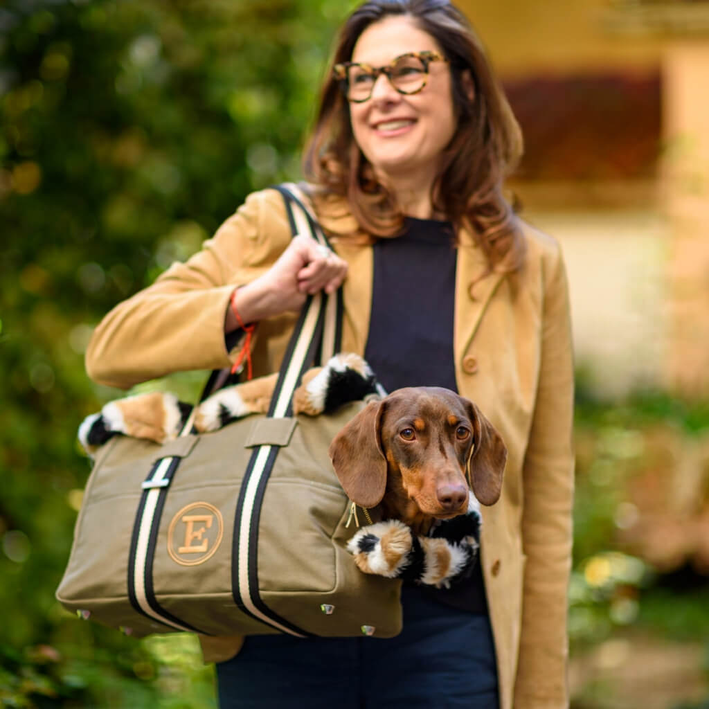 Reisetasche mit Dackelmuster und Fellbesatz