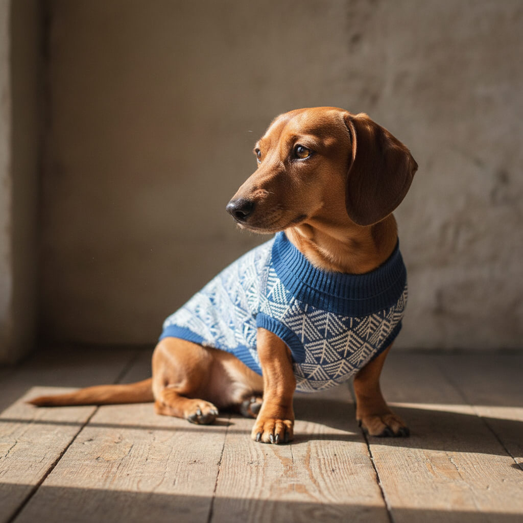 Dackel mit schickem Pullover