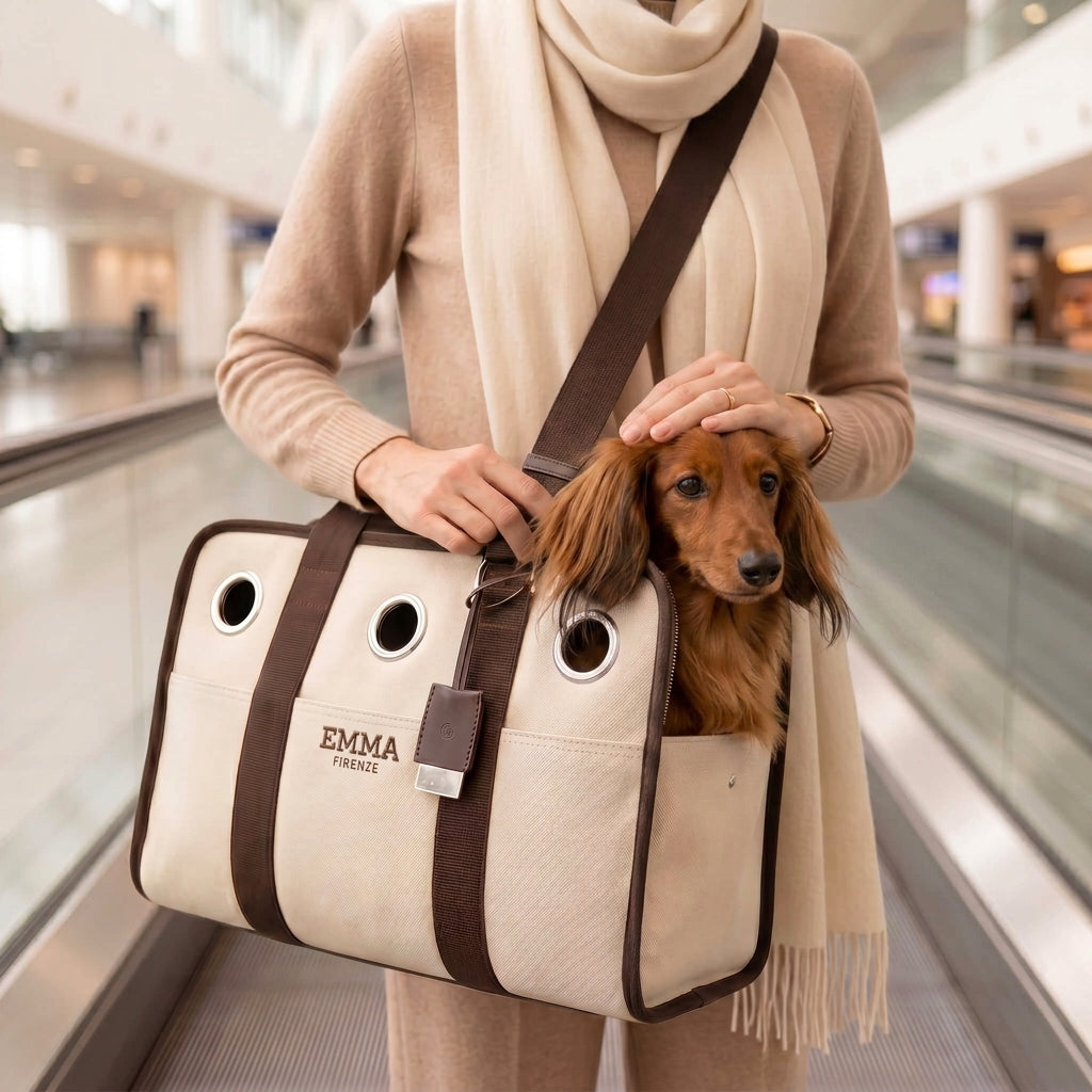 Dackel in einer Handgepäcktasche im Flugzeug