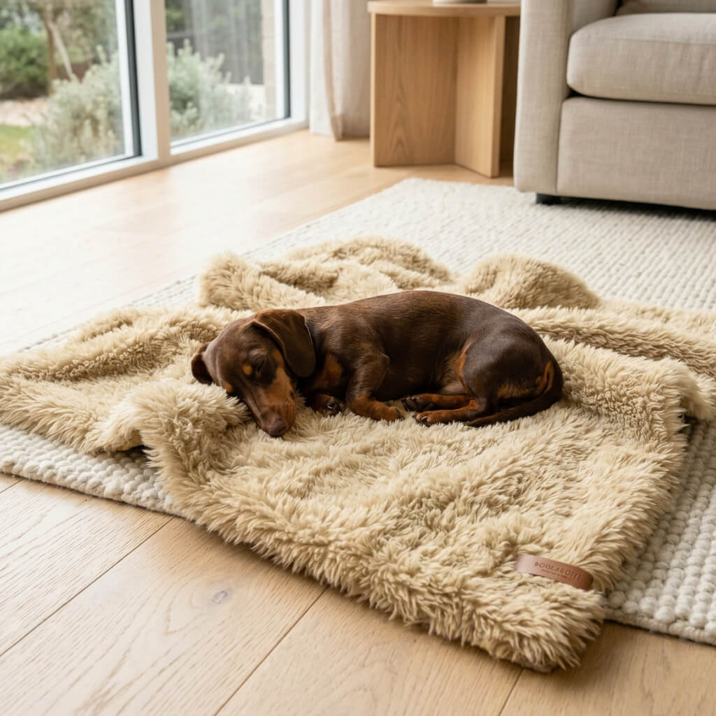 Dackel auf einer Kunstfelldecke