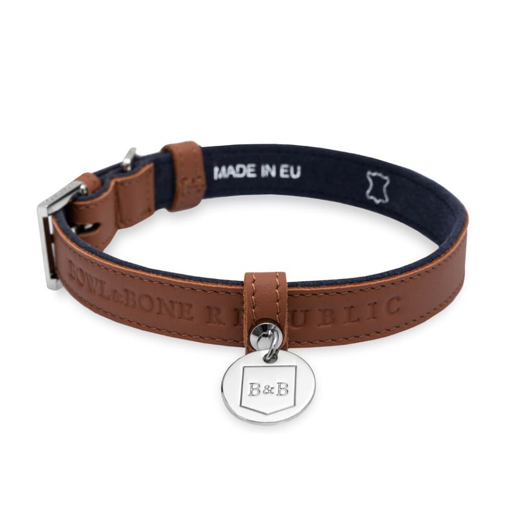 Collier chien cuir luxe marron cognac teckel