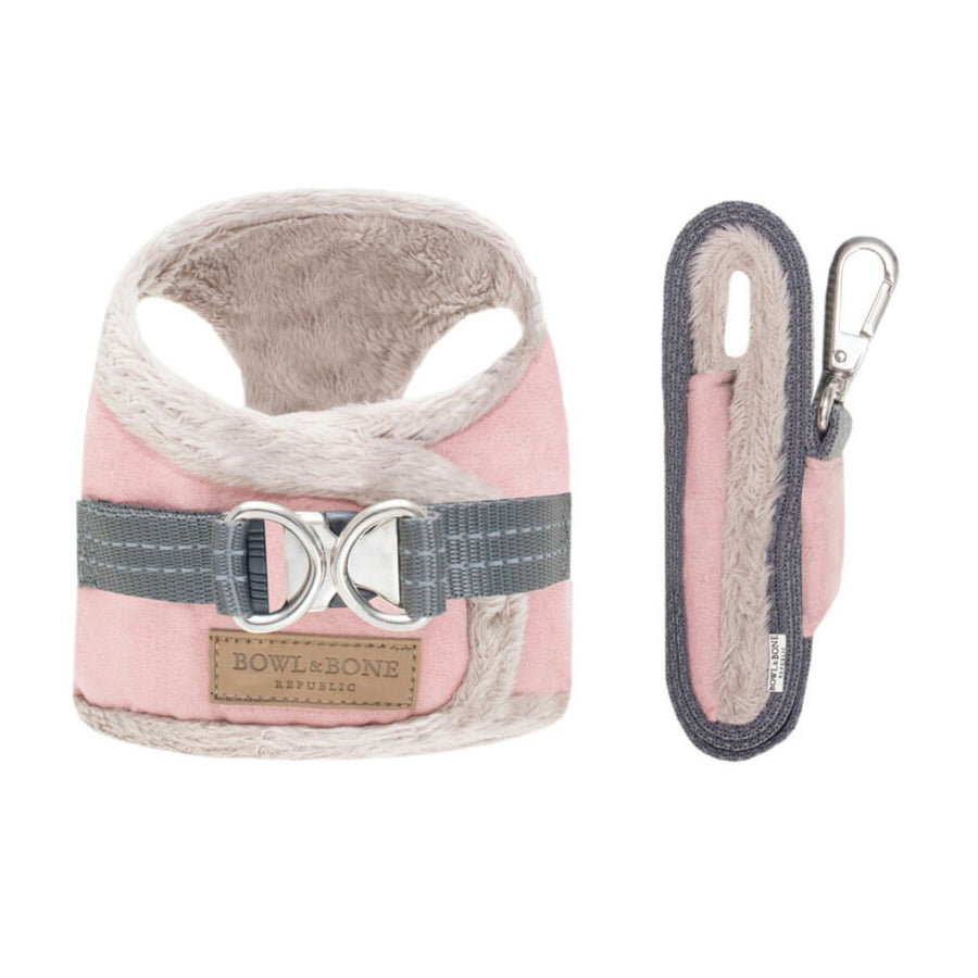 harnais fourrure rose avec laisse pour teckel