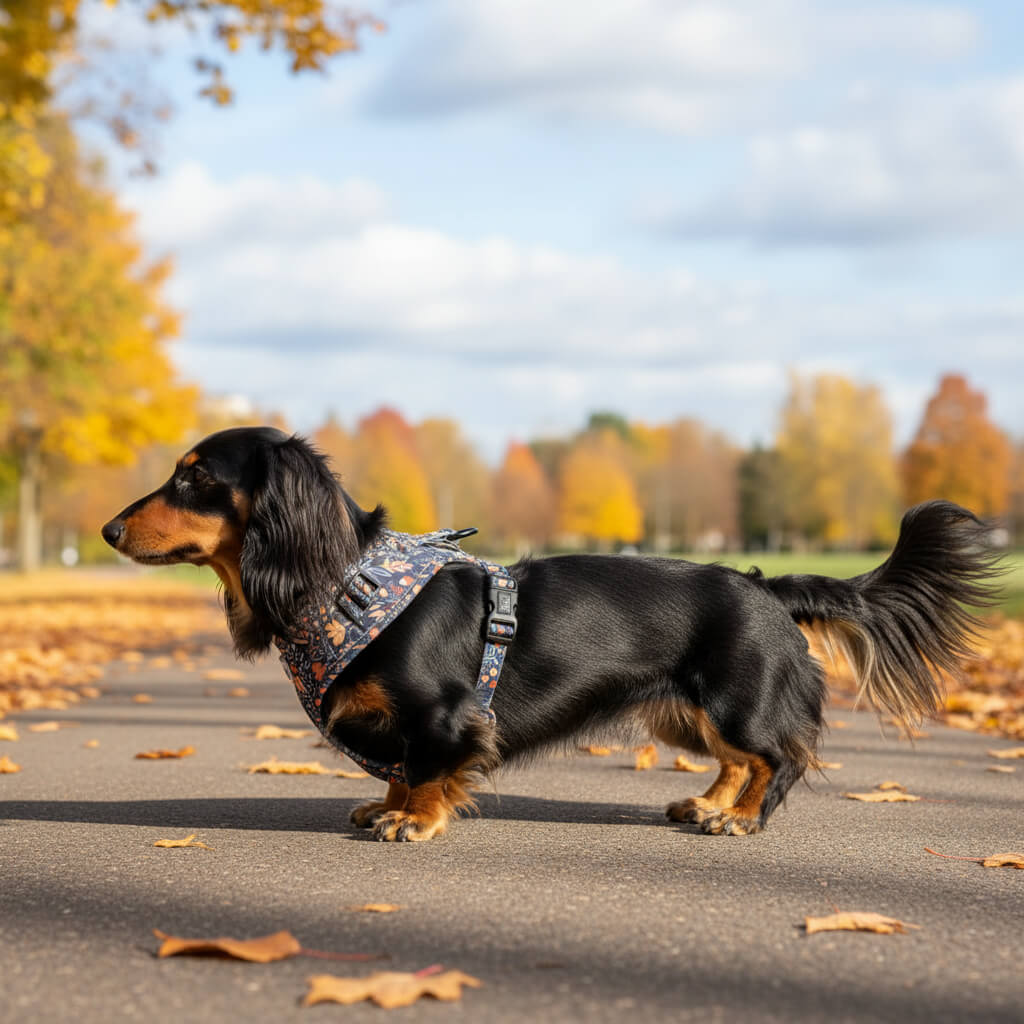 Harnais sur teckel poil long