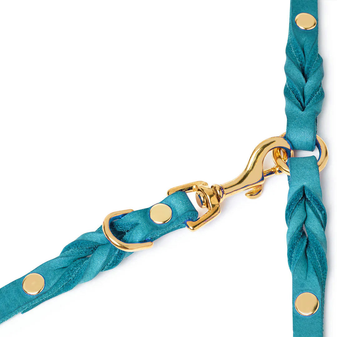 Leine aus blauem Leder mit goldenem Karabinerhaken