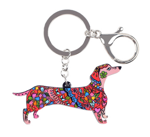 Porte-clés Teckel & Os pendentif chien marron/rose -  France