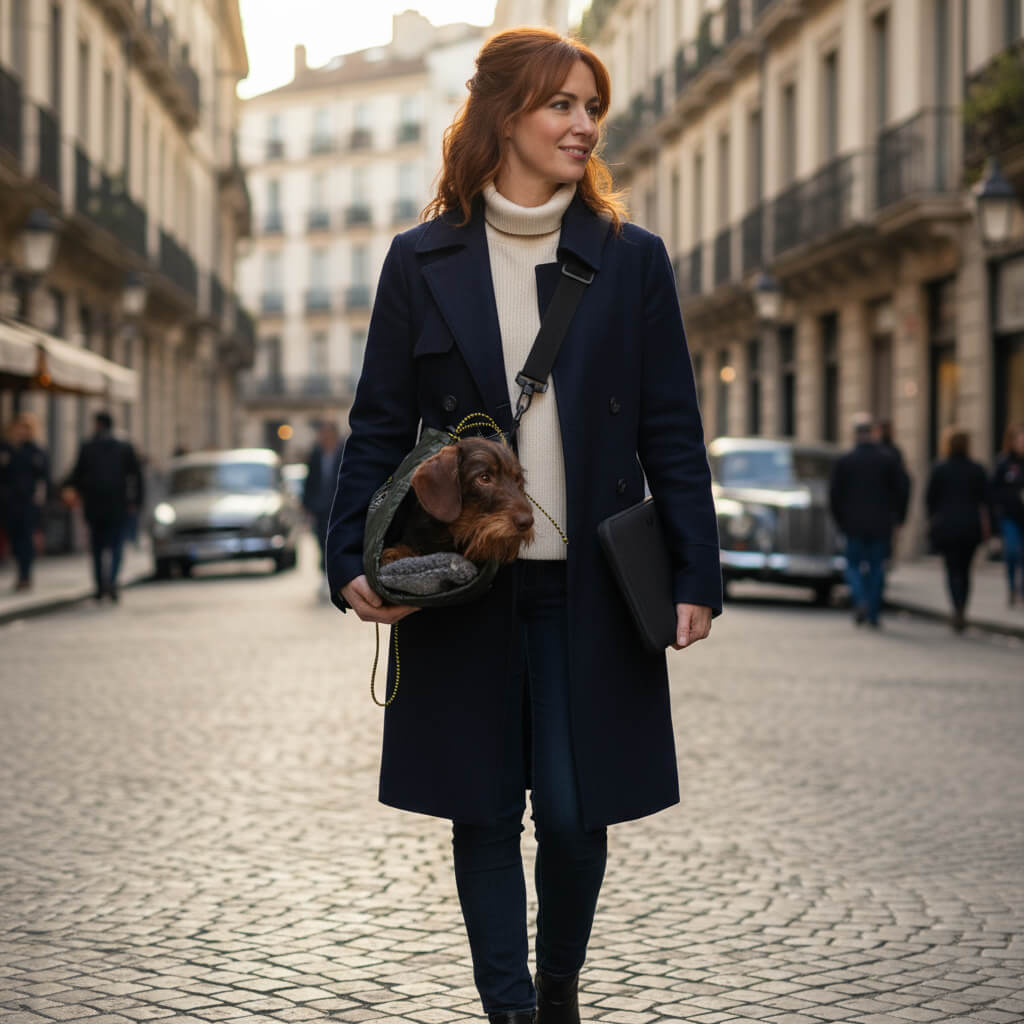 sac ville teckel avec femme