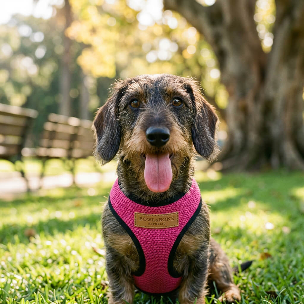 Dachshund mit rauem Fell, rosa Geschirr in der Farbe „Candy“