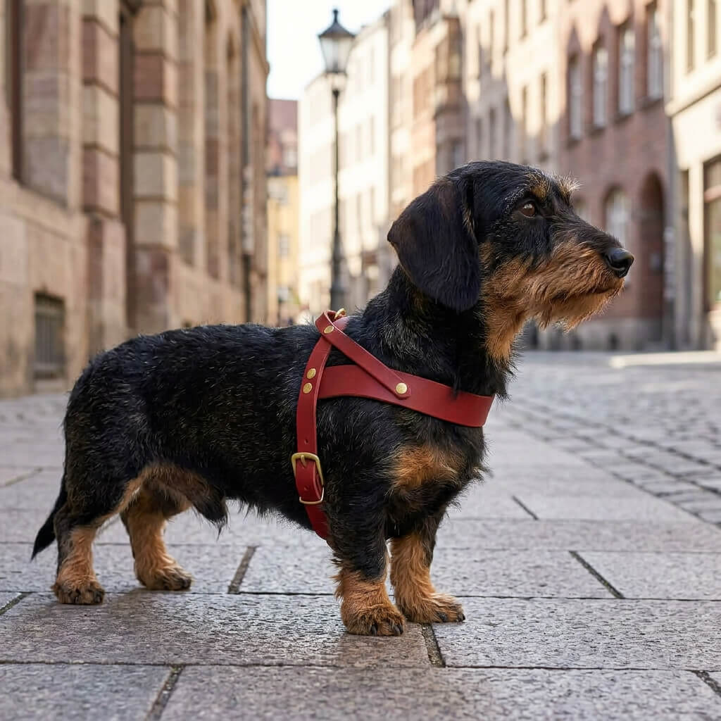 Dachshund mit rauem Fell, rotes Ledergeschirr