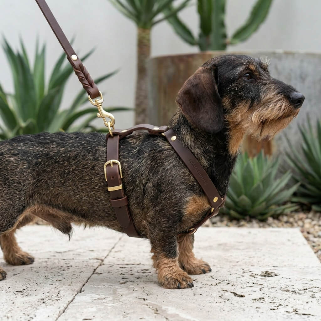 Dachshund mit rauem Fell, braunes Ledergeschirr