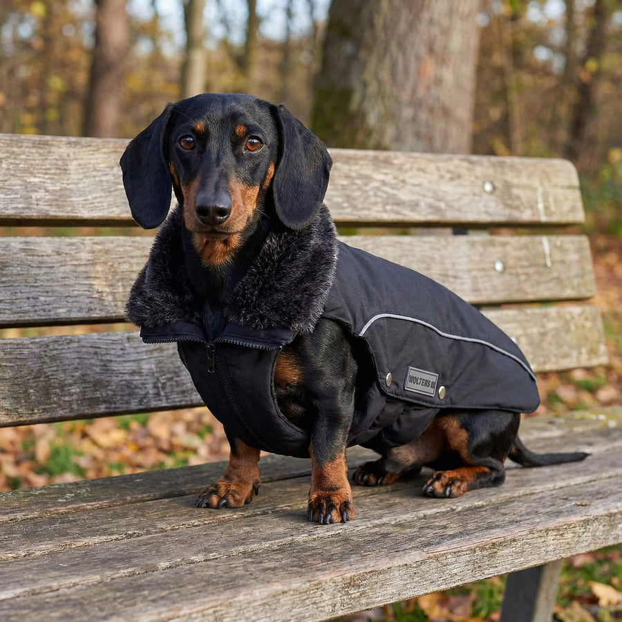 teckel poil ras avec manteau impermeable