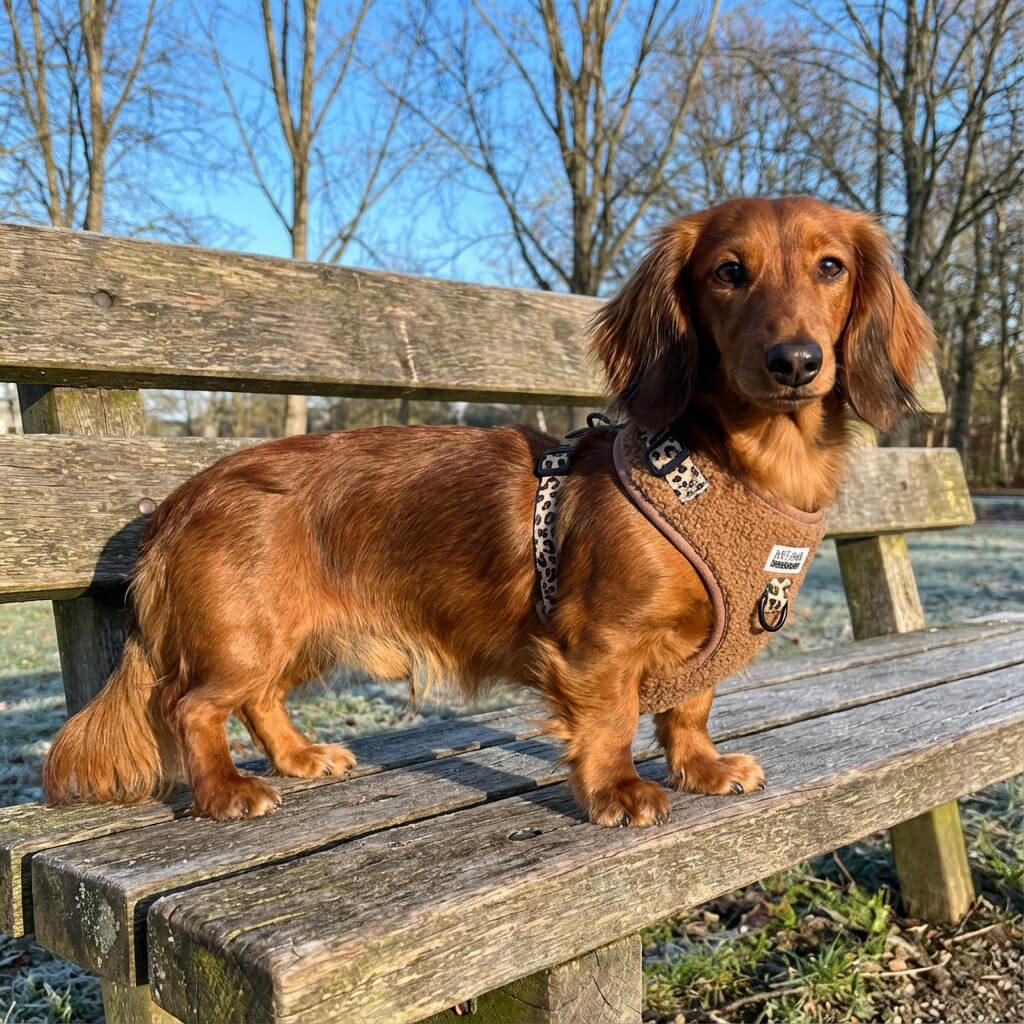warmer Wintergeschirr für langhaarige Dackel mit Leopardenmuster