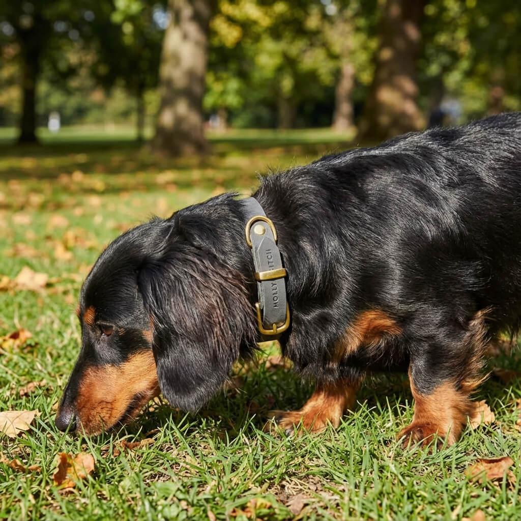 Dackel mit grauem Lederhalsband