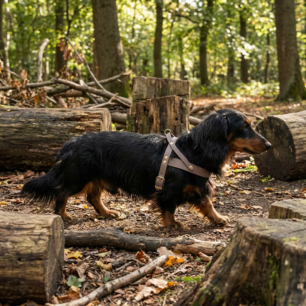 Dackel mit luxuriösem Ledergeschirr in Taupe
