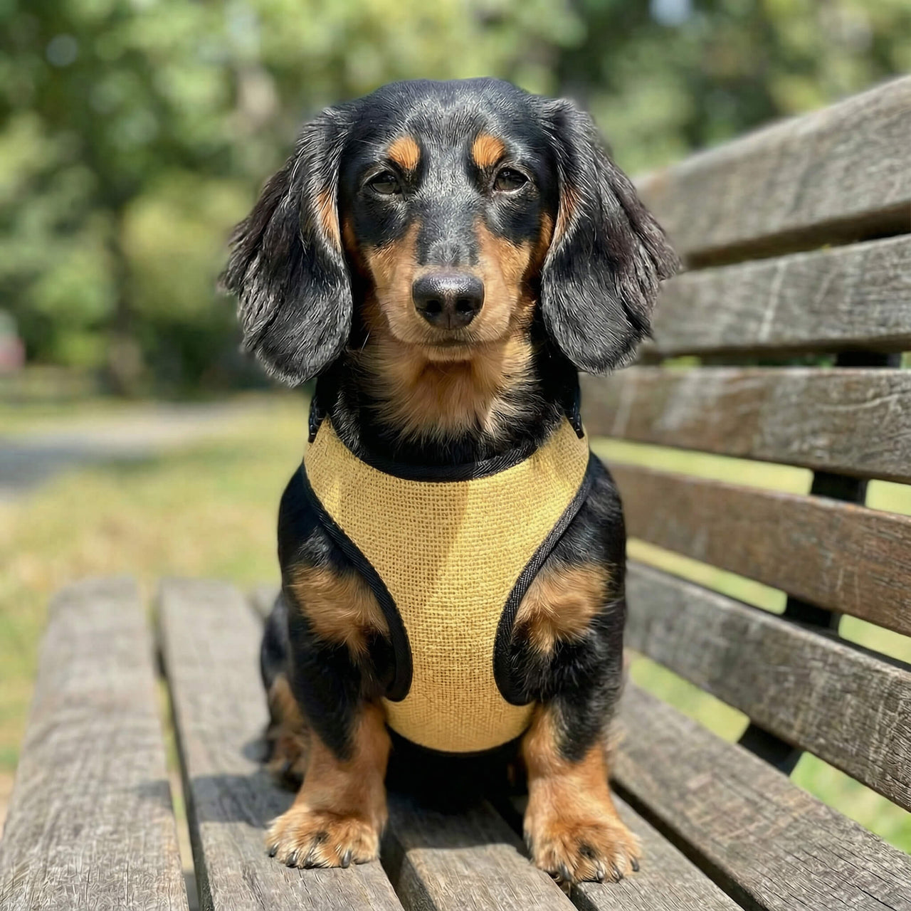 Dackel mit gelbem Geschirr