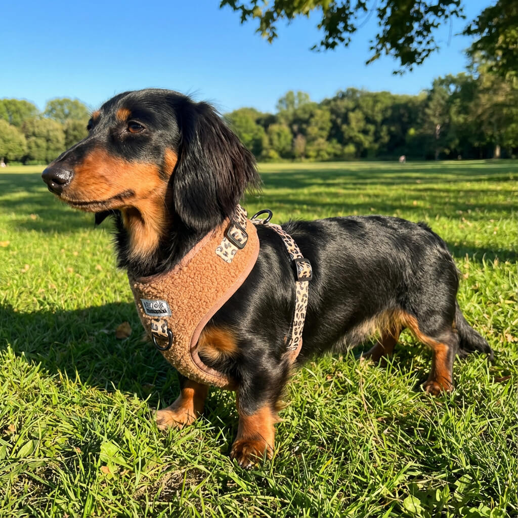 warmer Wintergeschirr für Dackel mit Leopardenmuster